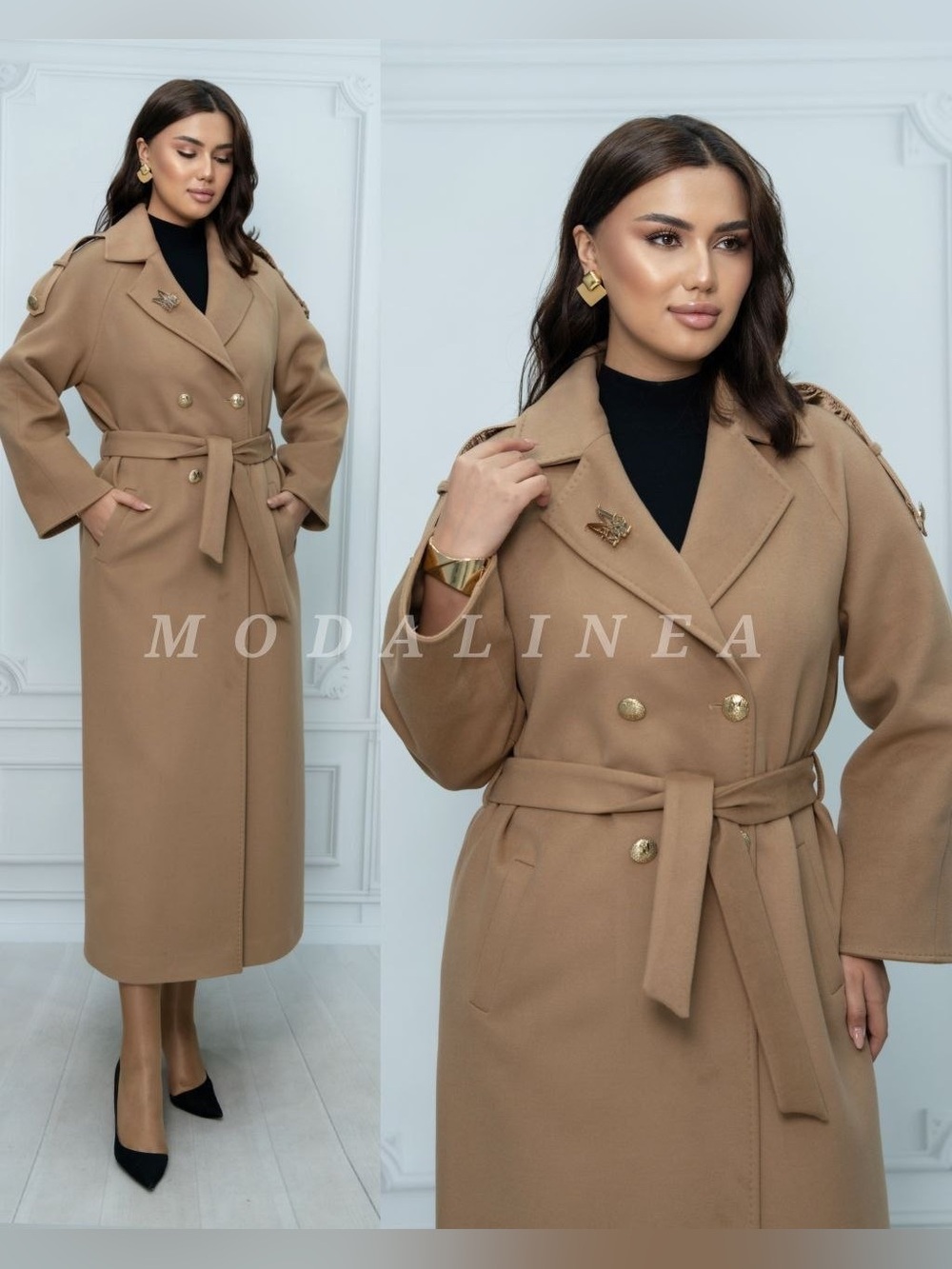 Last sizes light Camel Double-Breasted Belted light Coat